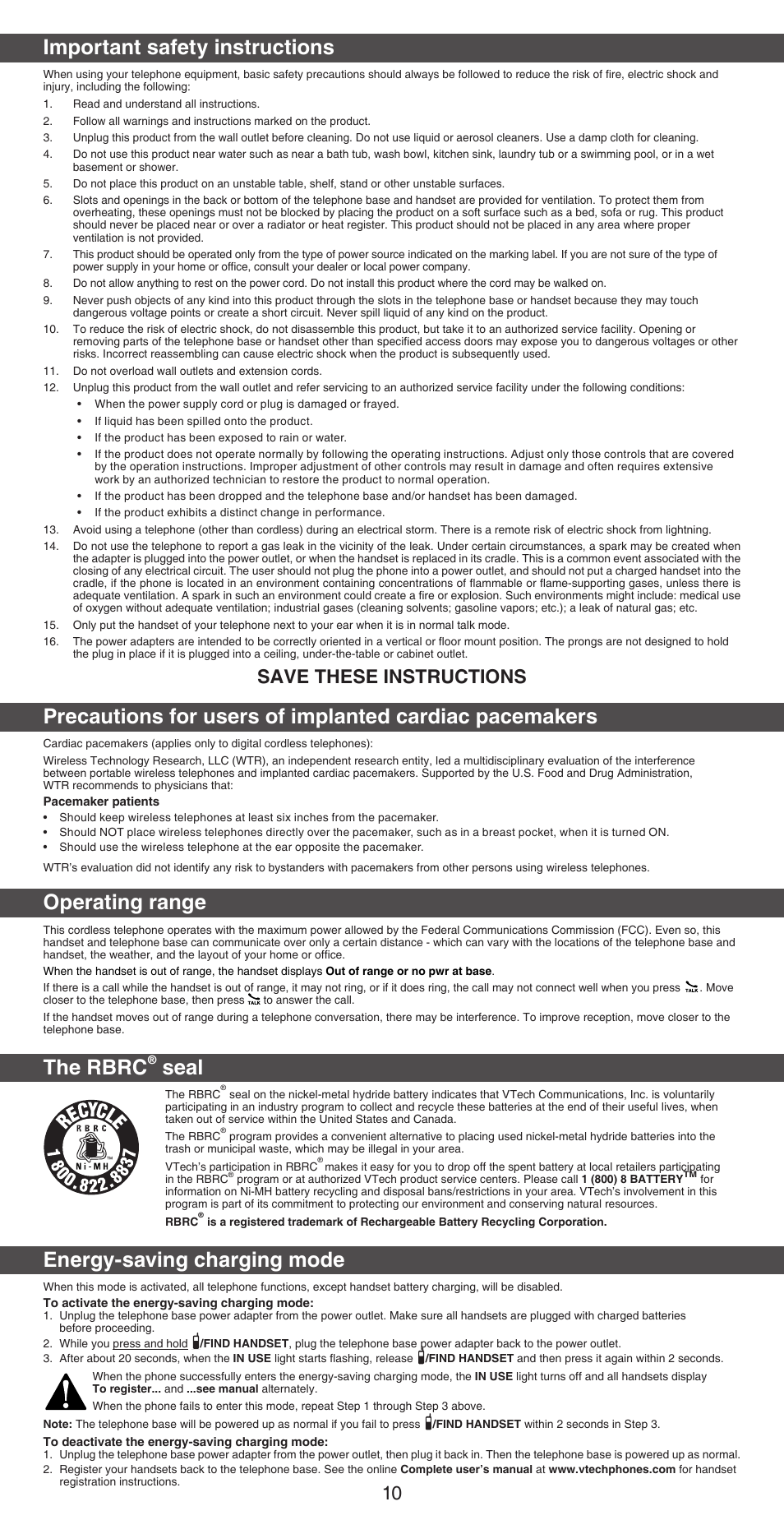 Important safety instructions, Operating range, The rbrc | Seal, Energy-saving charging mode, Save these instructions | VTech CS6859_-2-3-4 Abridged manual User Manual | Page 10 / 12