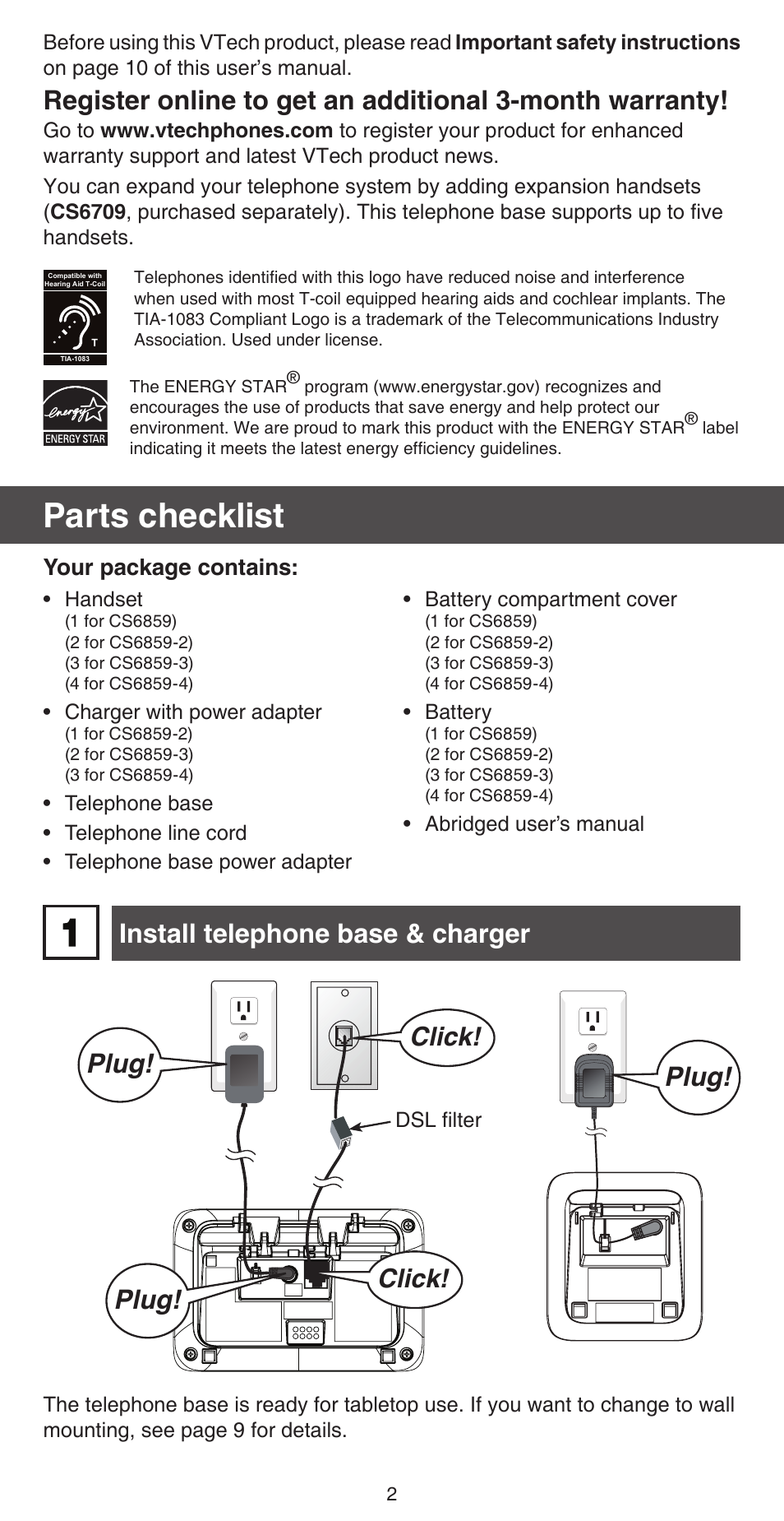 Parts checklist, Install telephone base & charger plug, Plug | Click, Your package contains | VTech CS6859_-2-3-4 Abridged manual User Manual | Page 2 / 12