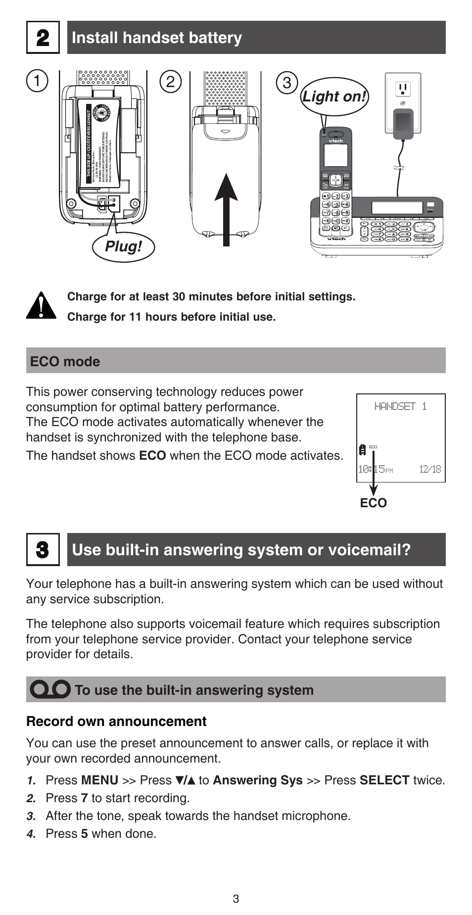 Install handset battery, Use built-in answering system or voicemail, Plug | Light on, Eco mode, Record own announcement | VTech CS6859_-2-3-4 Abridged manual User Manual | Page 3 / 12