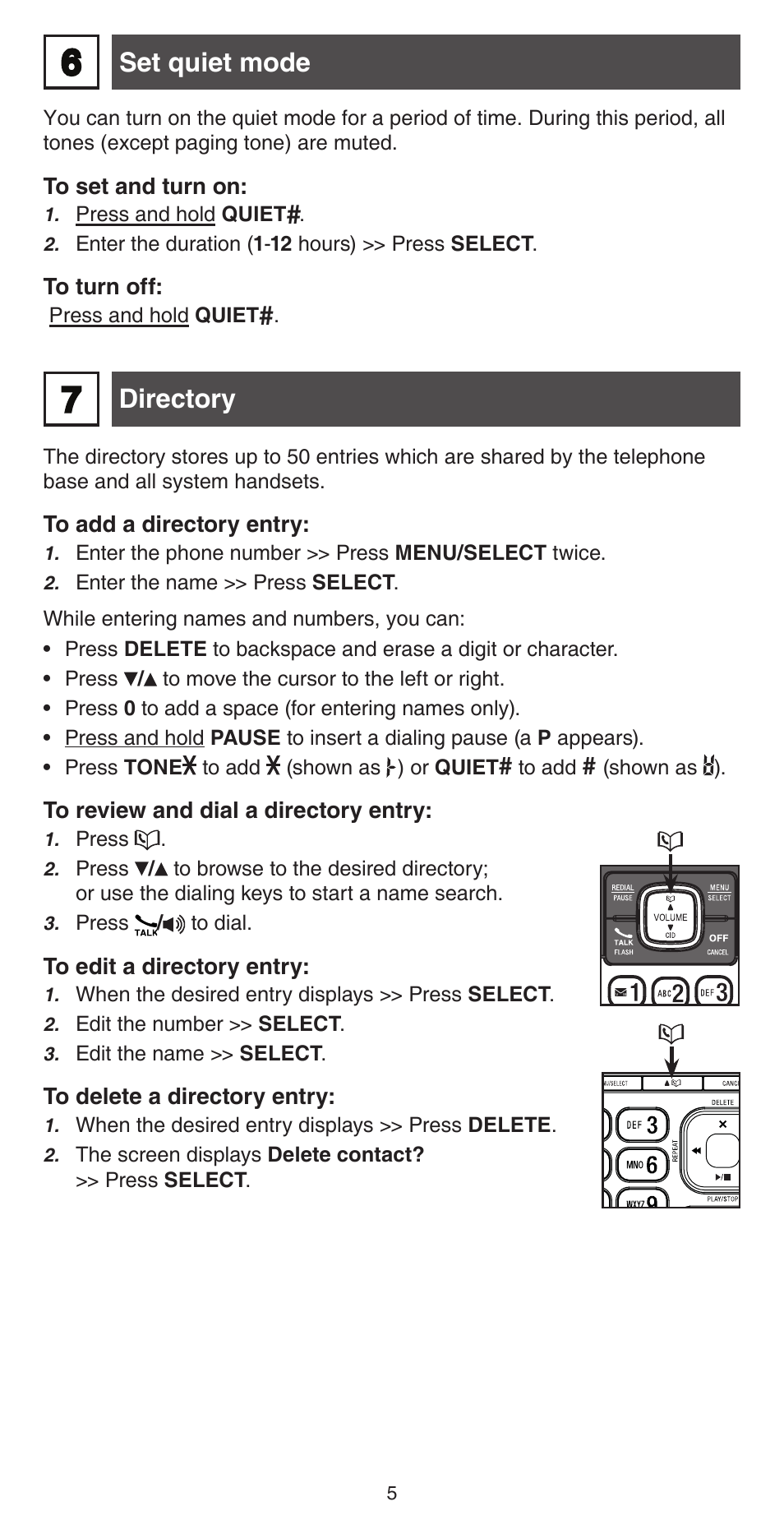 Directory, Set quiet mode | VTech CS6859_-2-3-4 Abridged manual User Manual | Page 5 / 12