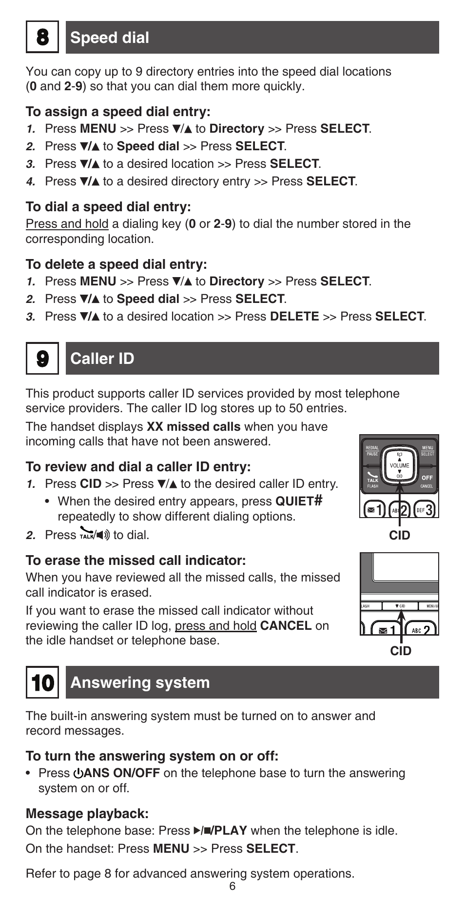 Caller id answering system, Speed dial | VTech CS6859_-2-3-4 Abridged manual User Manual | Page 6 / 12