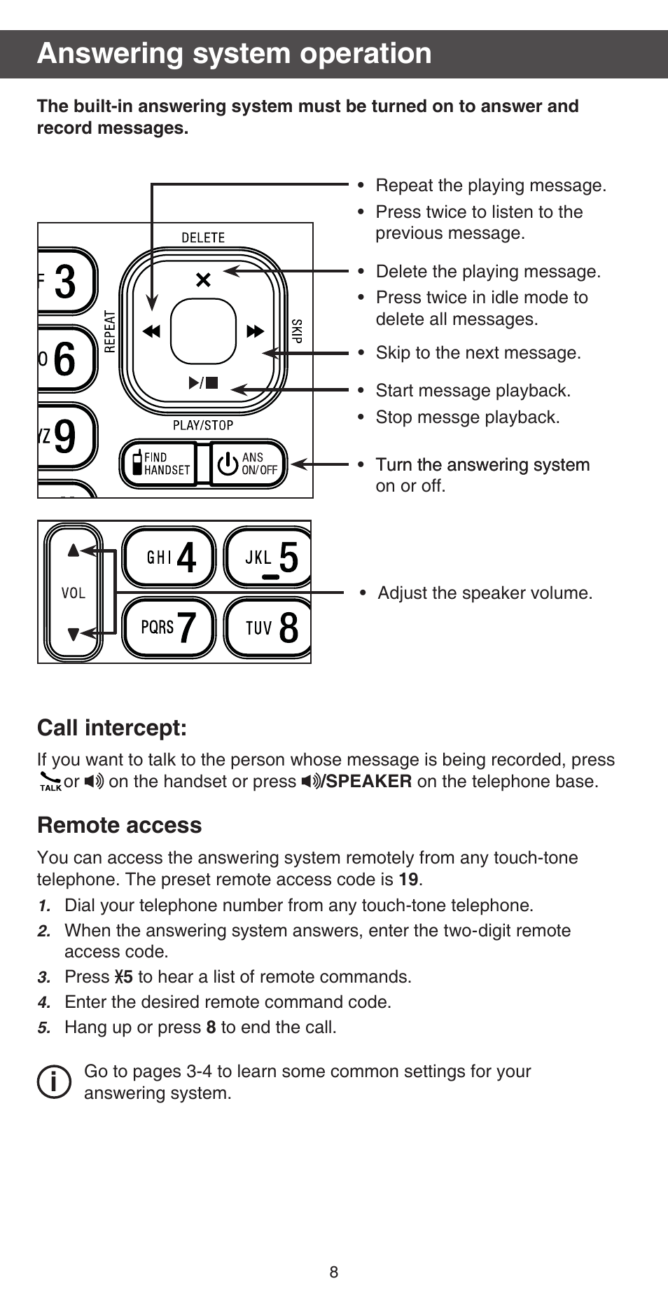 Answering system operation, Call intercept, Remote access | VTech CS6859_-2-3-4 Abridged manual User Manual | Page 8 / 12