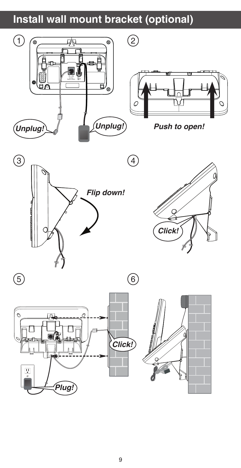 Install wall mount bracket (optional), Flip down! push to open! plug, Click | Click! unplug! unplug | VTech CS6859_-2-3-4 Abridged manual User Manual | Page 9 / 12