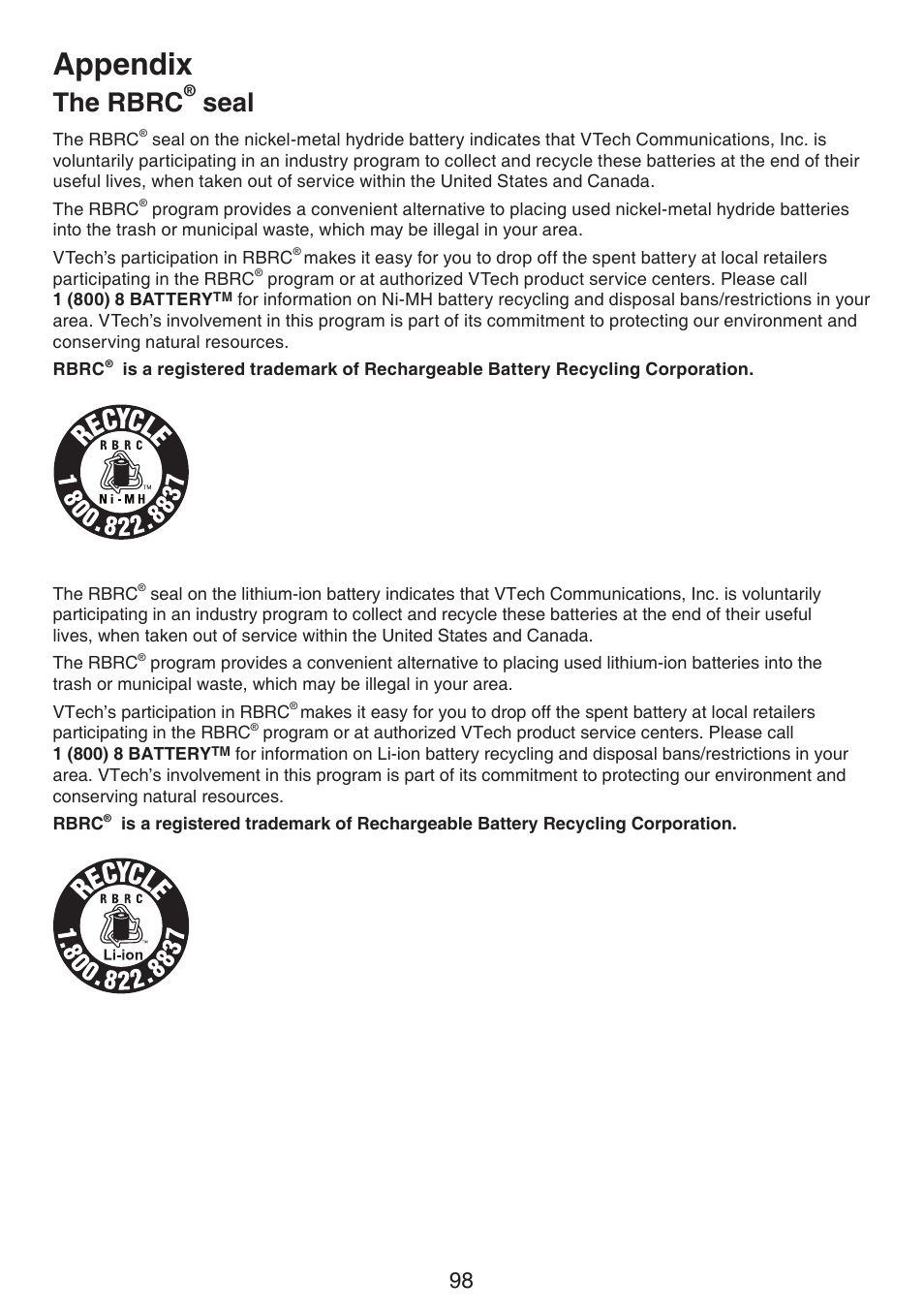 The rbrc® seal, The rbrc, Seal | Appendix | VTech DS6670-6C Manual User Manual | Page 102 / 110