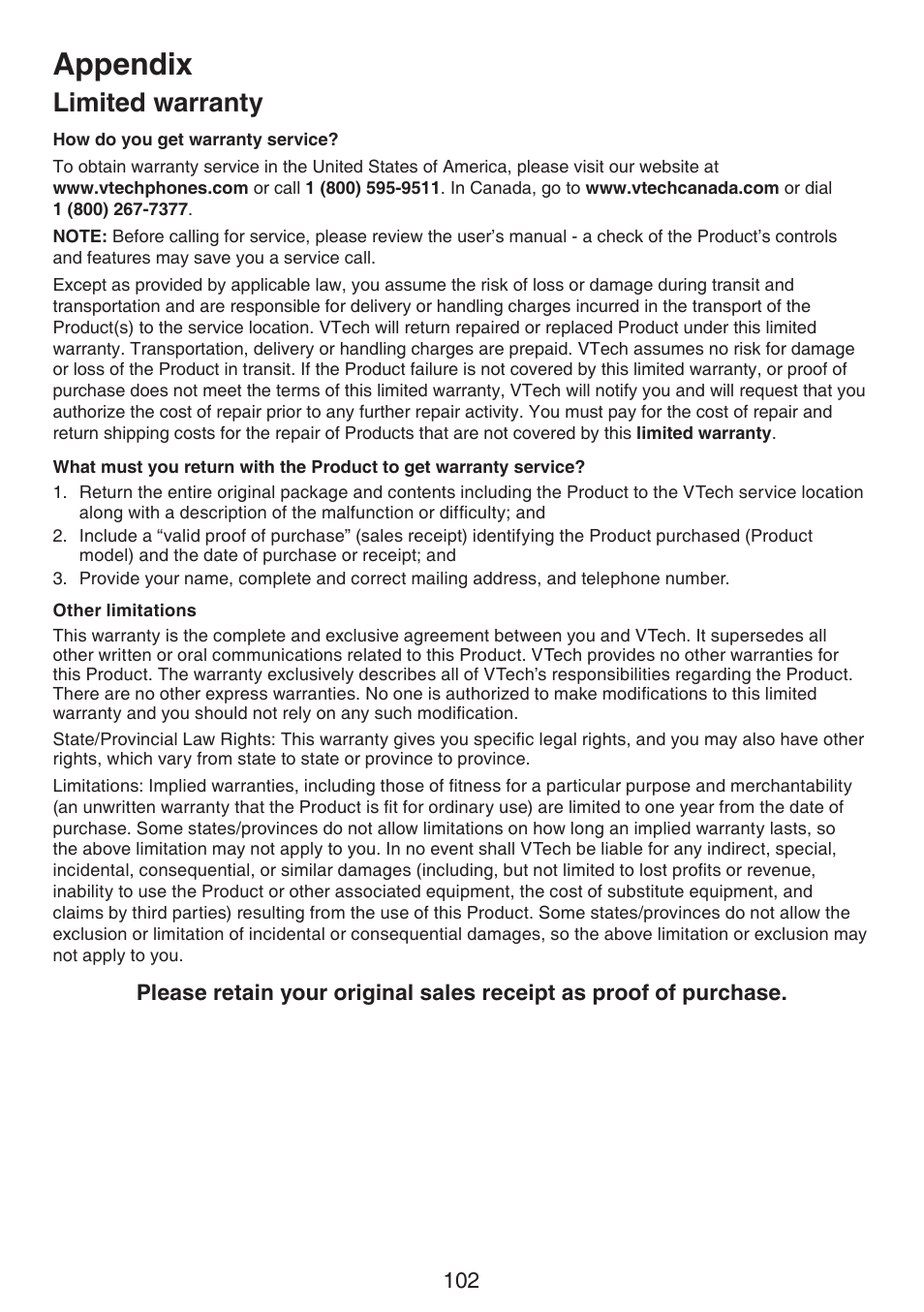 Appendix, Limited warranty | VTech DS6670-6C Manual User Manual | Page 106 / 110
