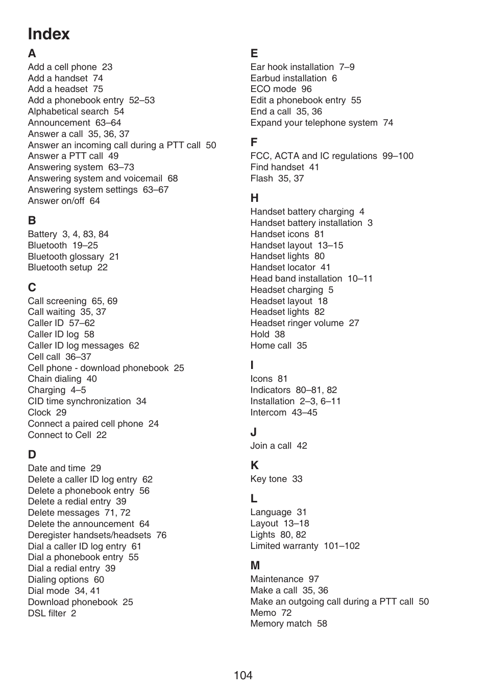 Index | VTech DS6670-6C Manual User Manual | Page 108 / 110