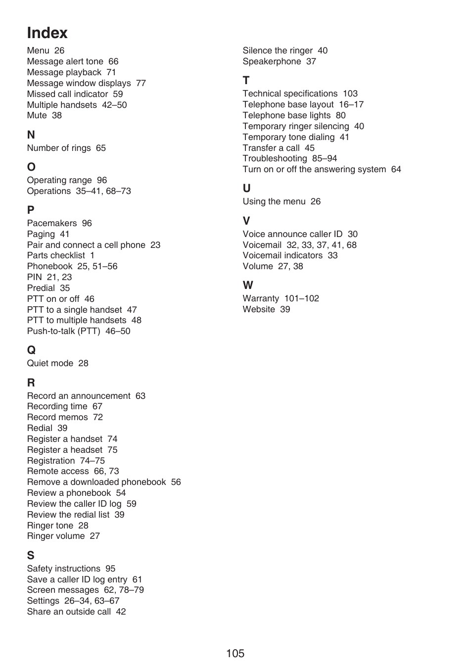 Index | VTech DS6670-6C Manual User Manual | Page 109 / 110