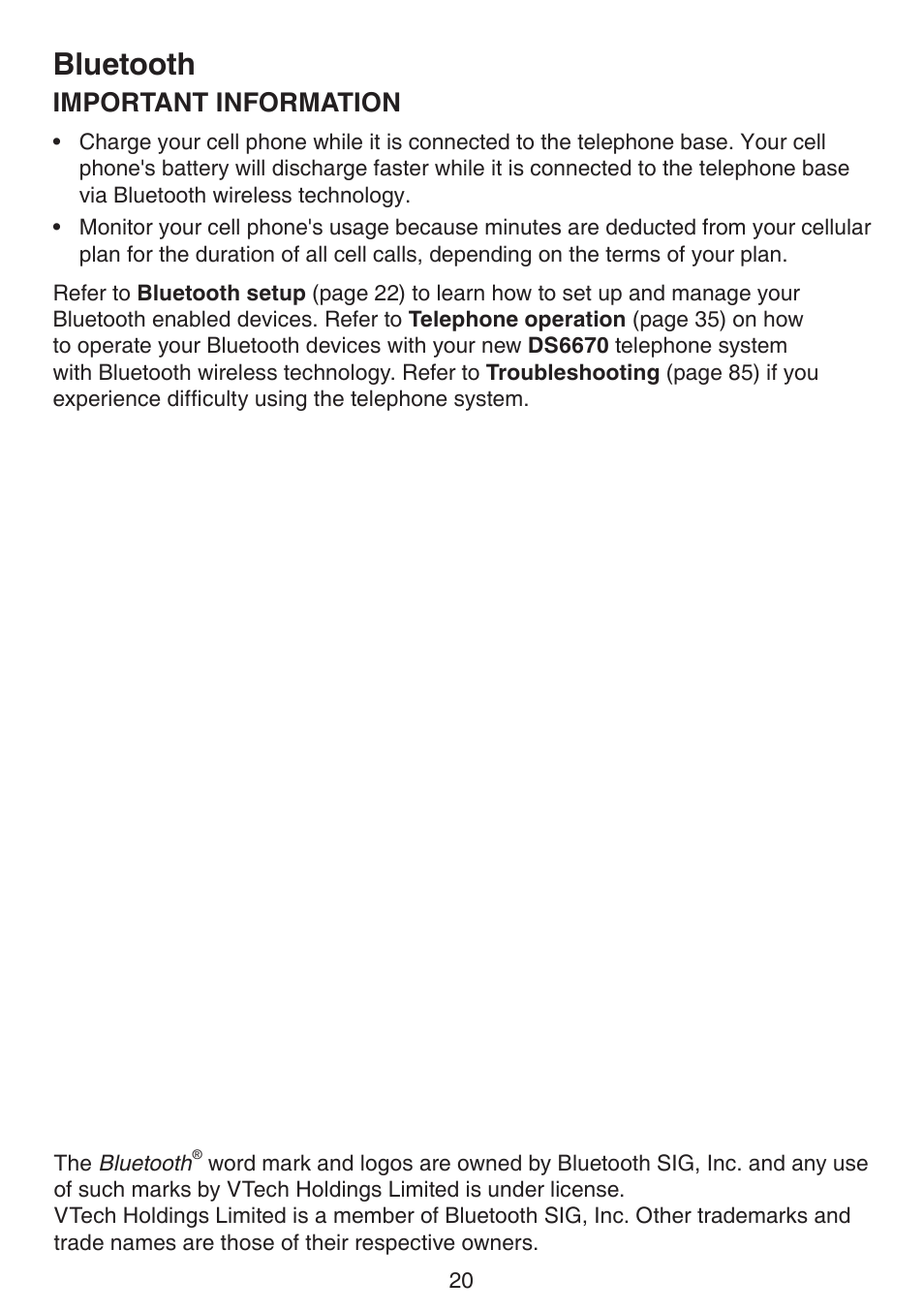 Bluetooth, Important information | VTech DS6670-6C Manual User Manual | Page 24 / 110