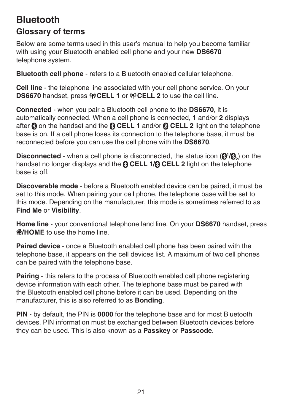 Glossary of terms, Bluetooth | VTech DS6670-6C Manual User Manual | Page 25 / 110