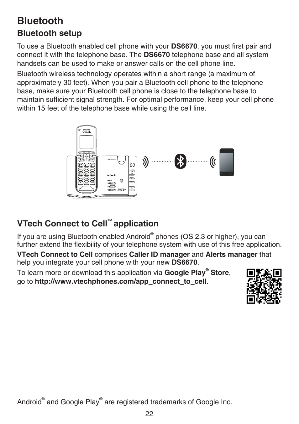 Bluetooth setup, Vtech connect to cell™ application, Bluetooth setup vtech connect to cell | Application, Bluetooth, Vtech connect to cell | VTech DS6670-6C Manual User Manual | Page 26 / 110