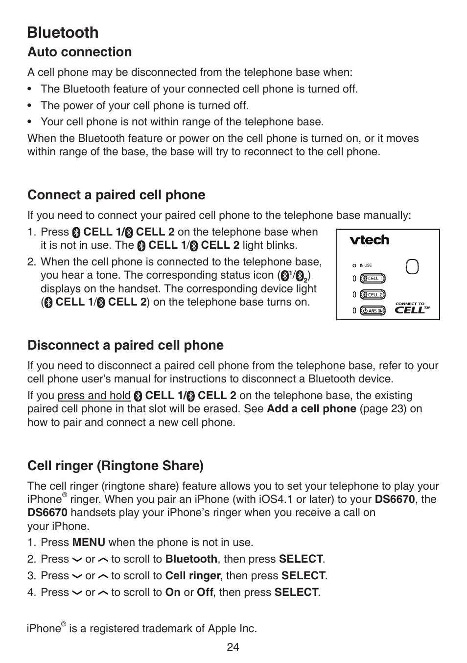 Auto connection, Connect a paired cell phone, Disconnect a paired cell phone | Cell ringer (ringtone share), Bluetooth | VTech DS6670-6C Manual User Manual | Page 28 / 110