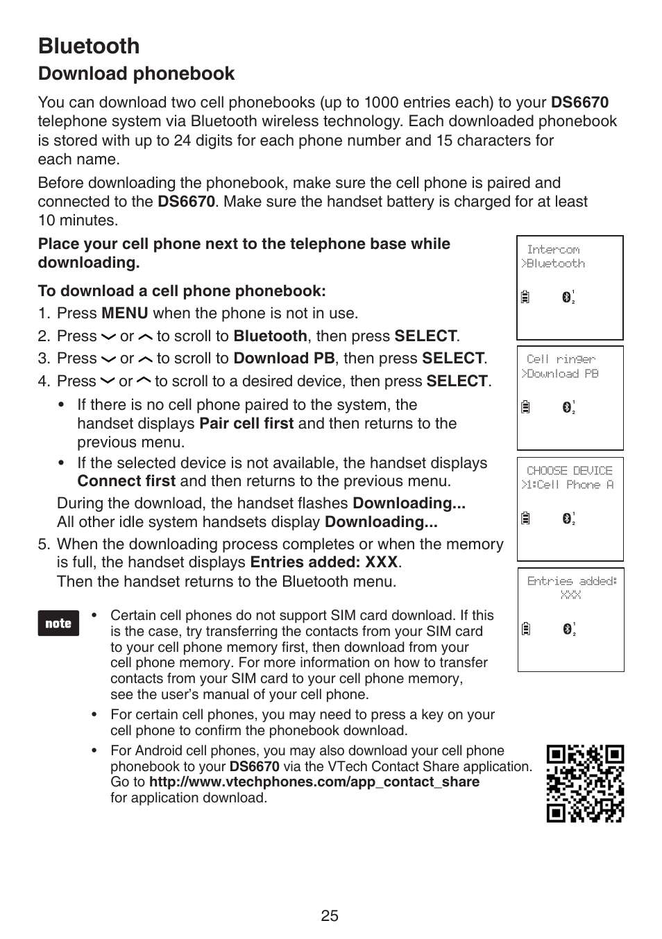 Download phonebook, Bluetooth | VTech DS6670-6C Manual User Manual | Page 29 / 110