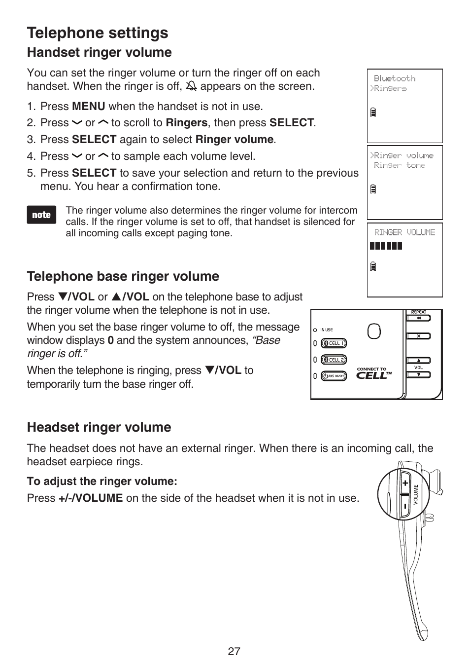 Handset ringer volume, Telephone base ringer volume, Headset ringer volume | Telephone settings | VTech DS6670-6C Manual User Manual | Page 31 / 110