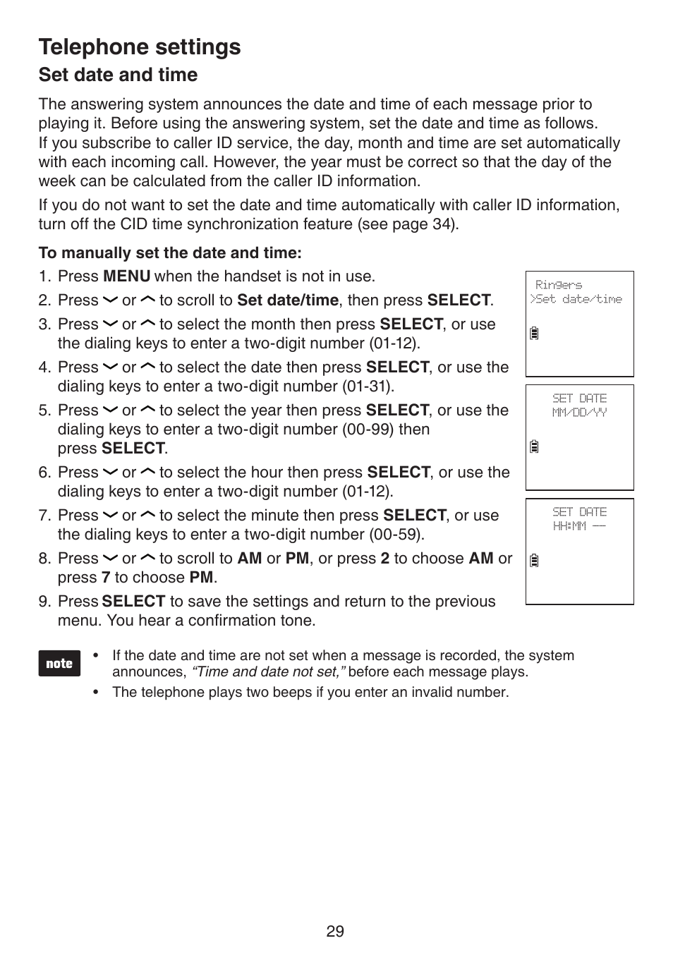 Set date and time, Telephone settings | VTech DS6670-6C Manual User Manual | Page 33 / 110