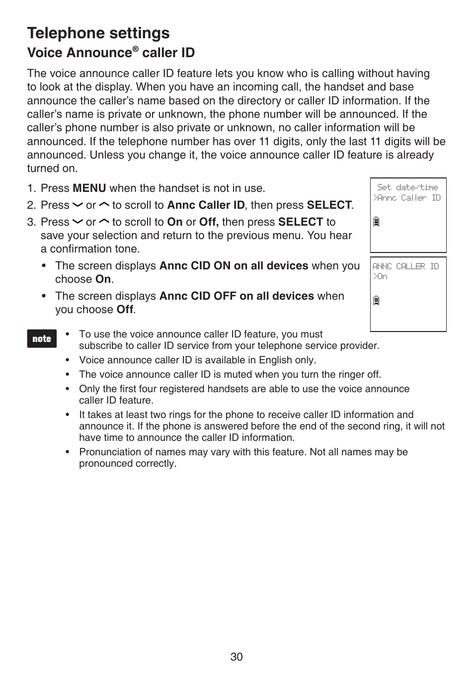 Voice announce® caller id, Voice announce, Caller id | Telephone settings | VTech DS6670-6C Manual User Manual | Page 34 / 110