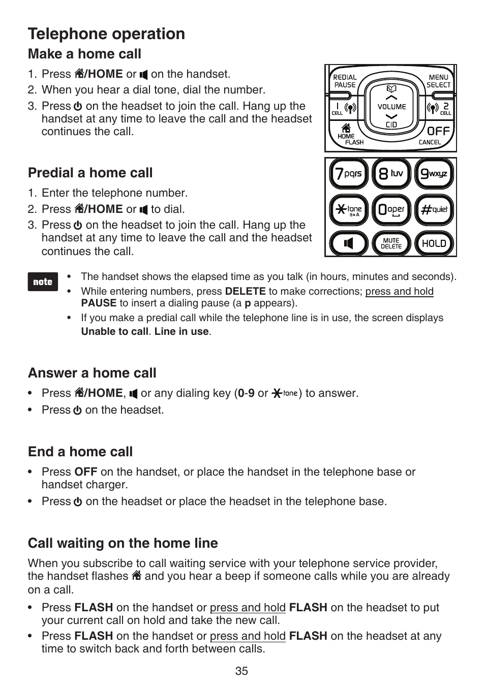 Handset volume control, Ringer volume control, Last number redial | Making and answering a call, Telephone operation, Make a home call, Predial a home call, Answer a home call, End a home call, Call waiting on the home line | VTech DS6670-6C Manual User Manual | Page 39 / 110