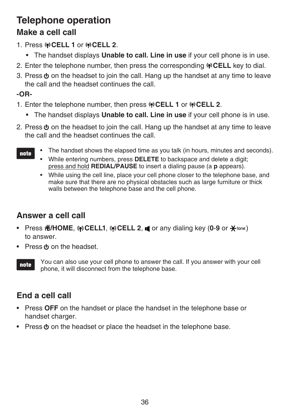 Temporary tone dialing, Mute, Flash | Make a cell call, Answer a cell call, End a cell call, Telephone operation | VTech DS6670-6C Manual User Manual | Page 40 / 110