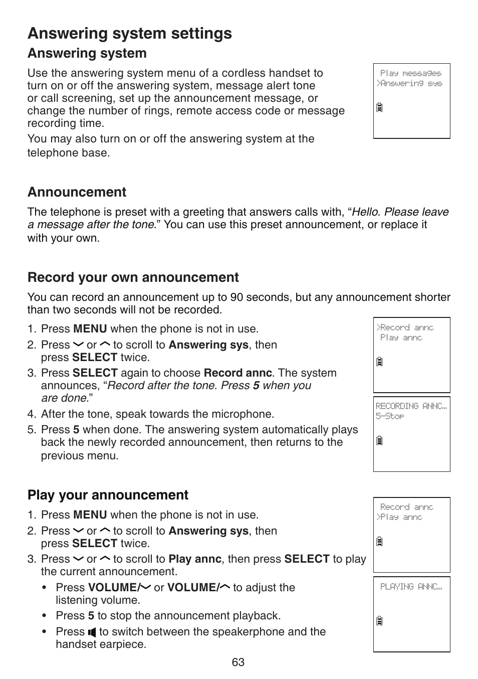 Answering system settings, Answering system, Announcement | Record your own announcement, Play your announcement | VTech DS6670-6C Manual User Manual | Page 67 / 110