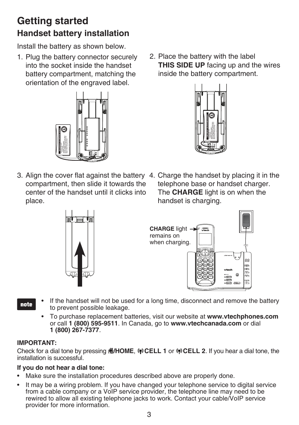 Battery installation, Handset battery installation, Getting started | Light remains on when charging, Charge | VTech DS6670-6C Manual User Manual | Page 7 / 110