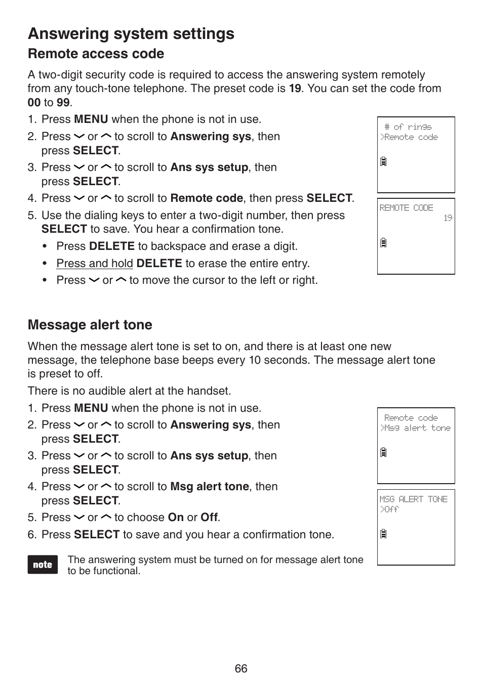 Remote access code, Message alert tone, Remote access code message alert tone | Answering system settings | VTech DS6670-6C Manual User Manual | Page 70 / 110