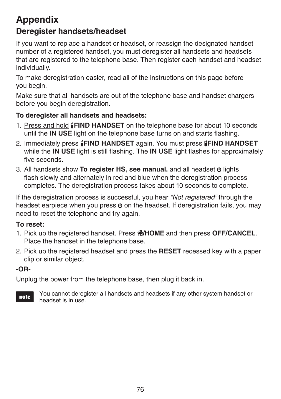 Deregister handsets/headset, Appendix | VTech DS6670-6C Manual User Manual | Page 80 / 110