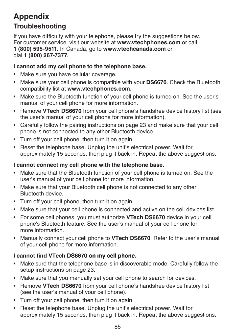 Troubleshooting, Appendix | VTech DS6670-6C Manual User Manual | Page 89 / 110