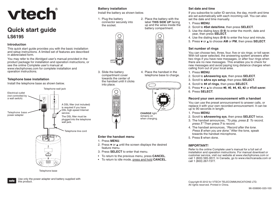 VTech LS6195_-13-15-16-17 Quick start User Manual | 2 pages