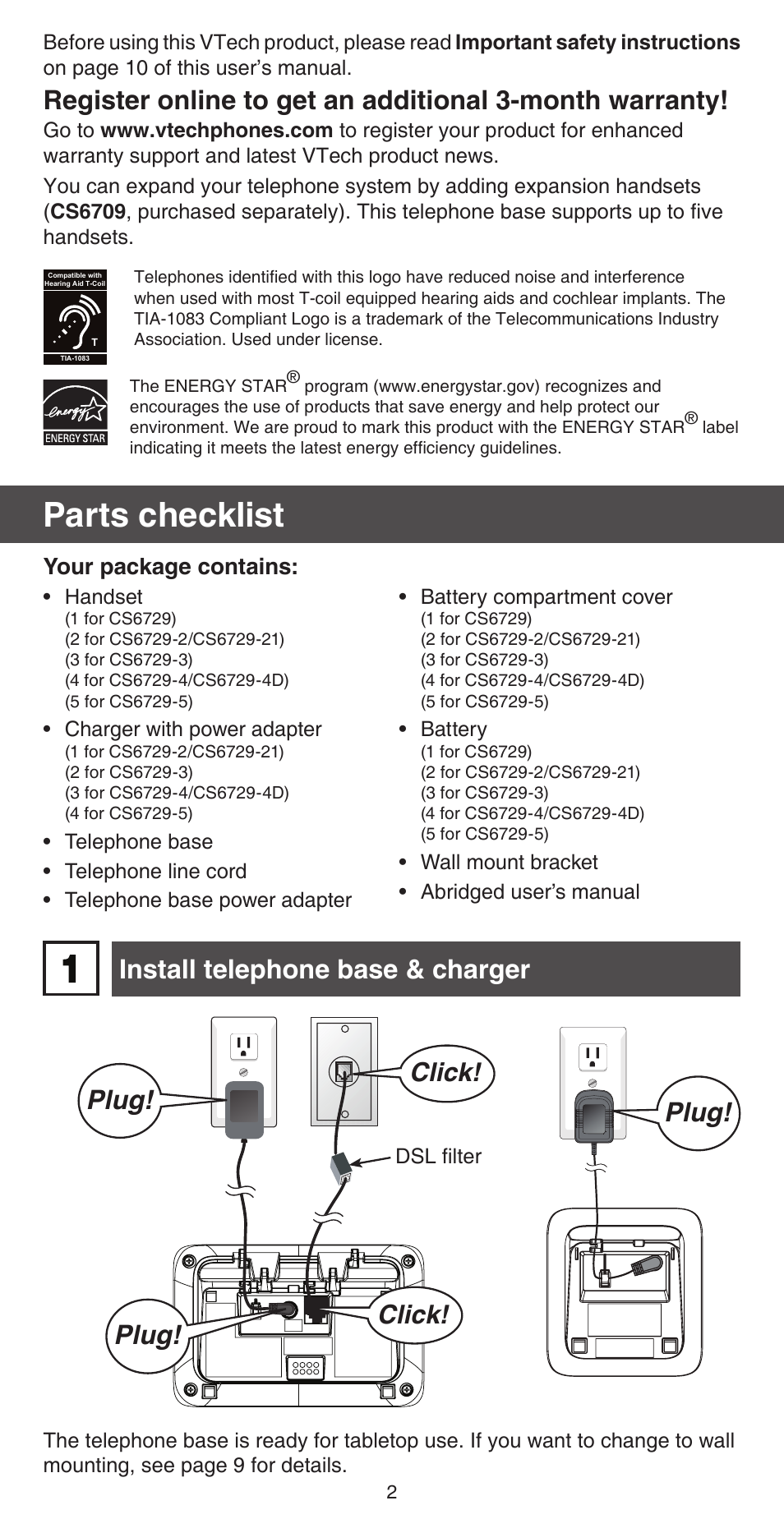 Parts checklist, Install telephone base & charger plug, Plug | Click, Your package contains | VTech CS6729-5 Abridged manual User Manual | Page 2 / 12