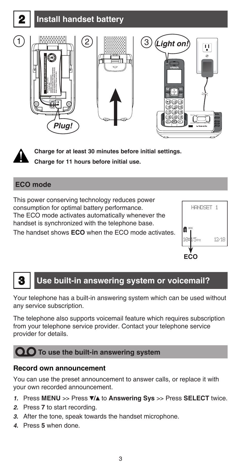 Install handset battery, Use built-in answering system or voicemail, Light on! plug | Eco mode, Record own announcement | VTech CS6729-5 Abridged manual User Manual | Page 3 / 12