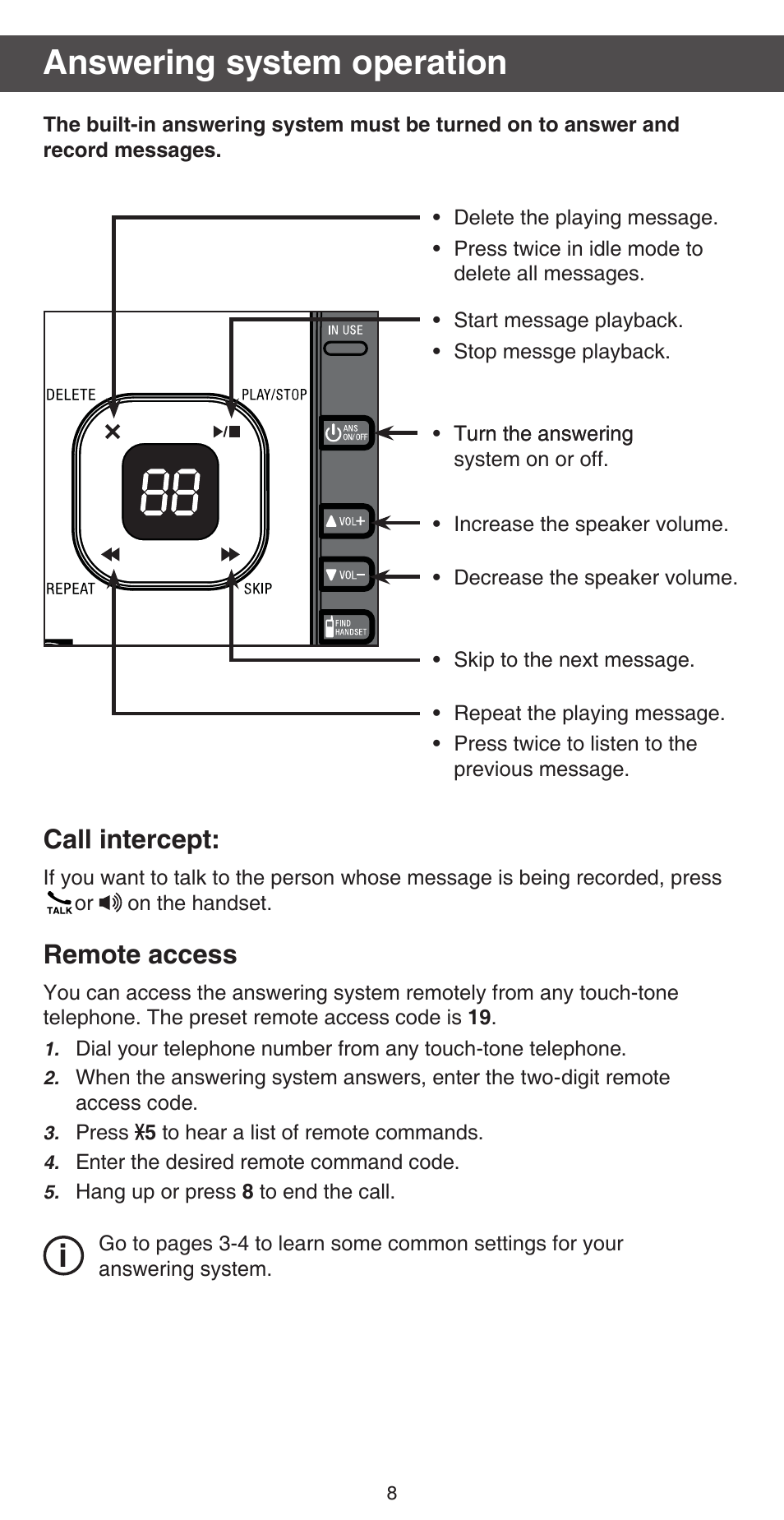 Answering system operation, Call intercept, Remote access | VTech CS6729-5 Abridged manual User Manual | Page 8 / 12