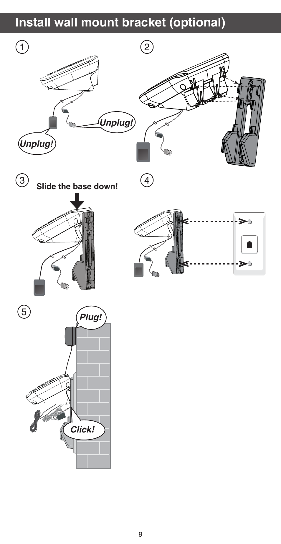 Install wall mount bracket (optional), Unplug, Click! unplug | Plug | VTech CS6729-5 Abridged manual User Manual | Page 9 / 12