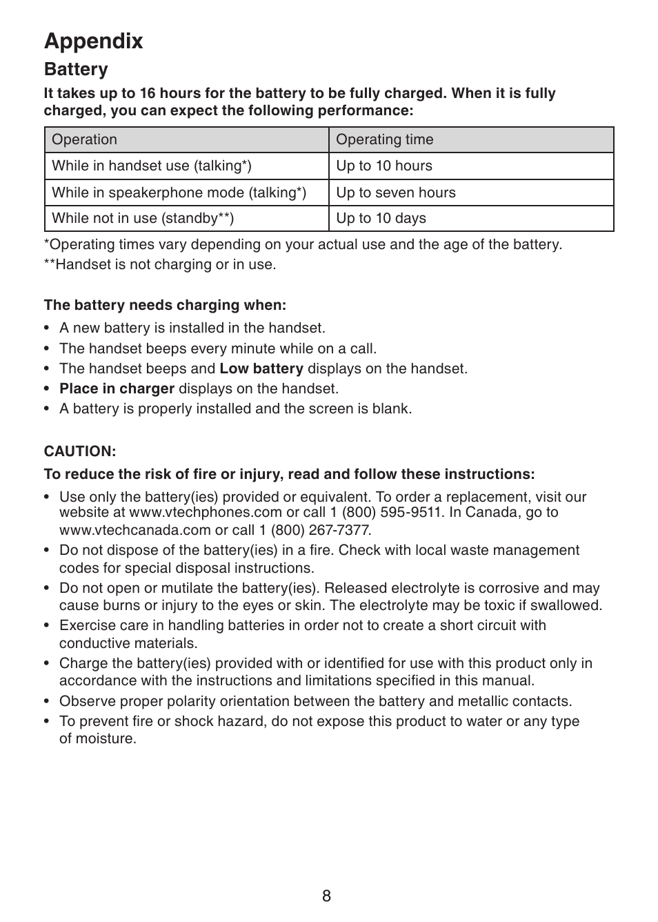 Appendix, Battery | VTech DS6101 Manual User Manual | Page 11 / 20