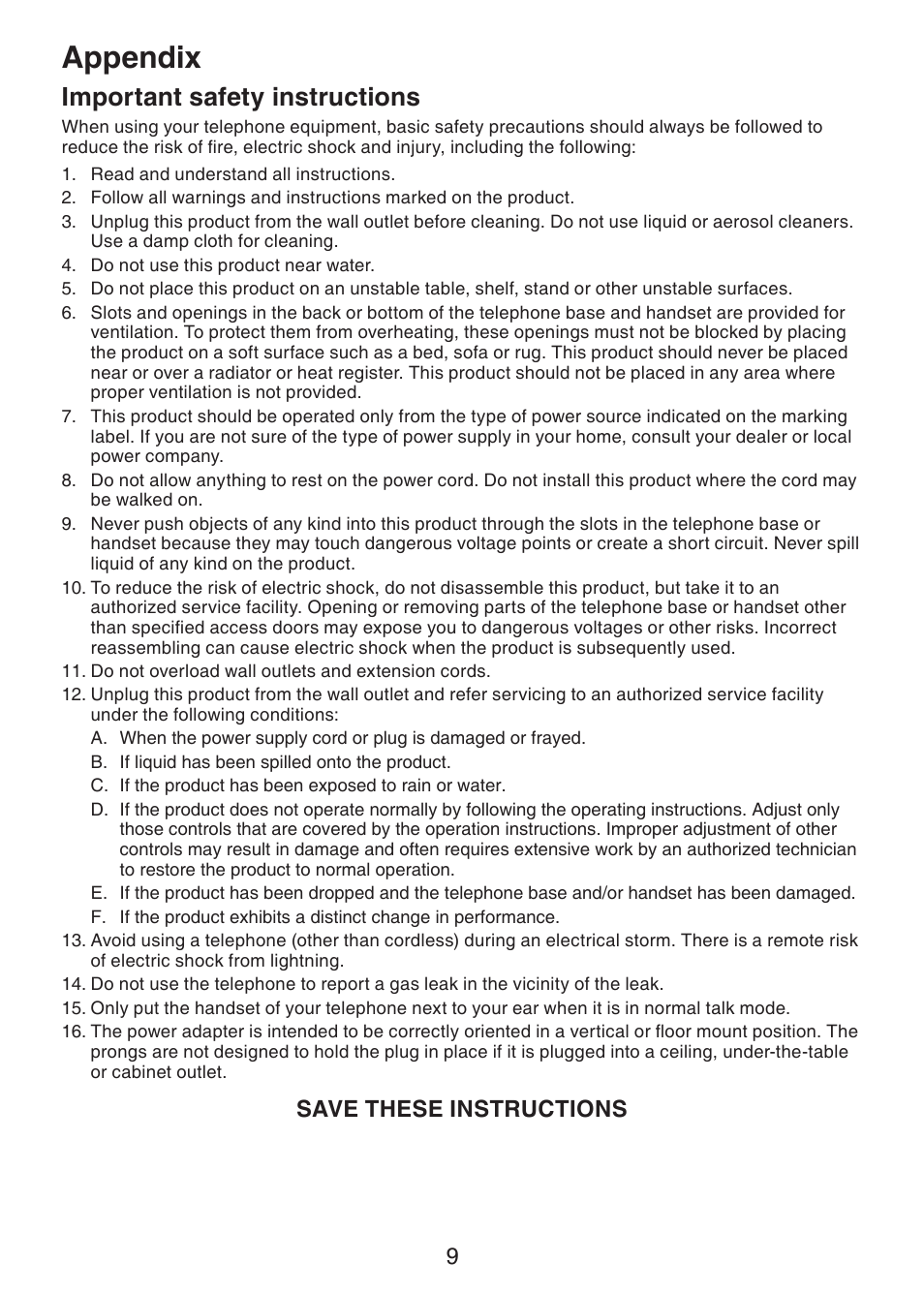 Appendix, Important safety instructions, Save these instructions | VTech DS6101 Manual User Manual | Page 12 / 20