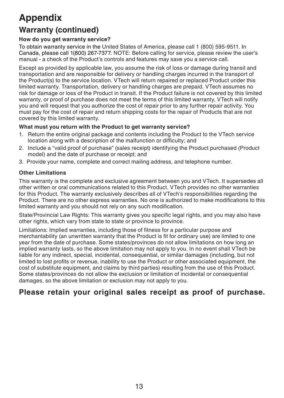 Appendix, Warranty (continued) | VTech DS6101 Manual User Manual | Page 16 / 20