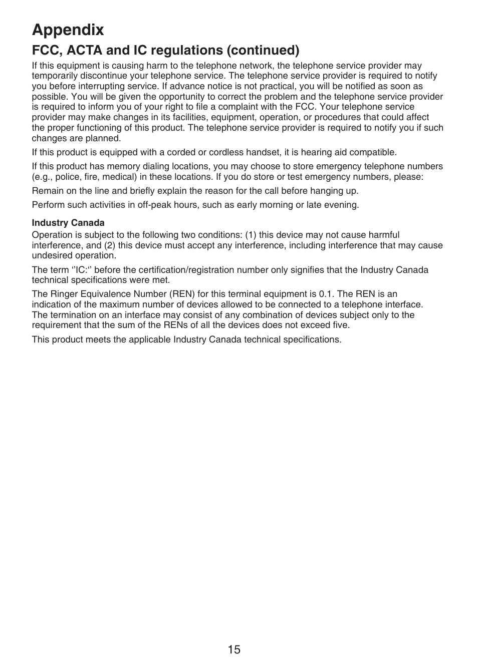 Appendix, Fcc, acta and ic regulations (continued) | VTech DS6101 Manual User Manual | Page 18 / 20
