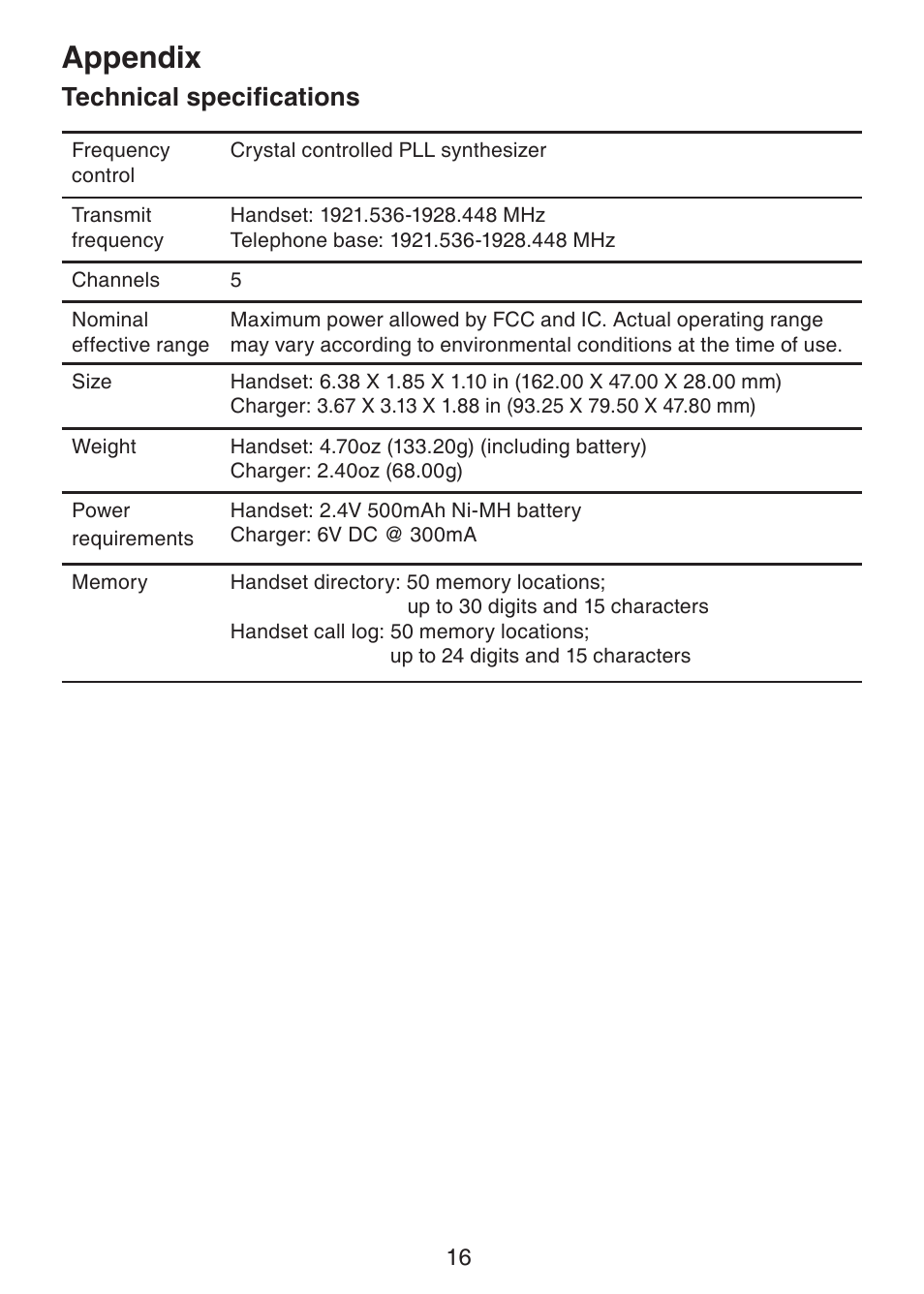 Appendix, Technical specifications | VTech DS6101 Manual User Manual | Page 19 / 20