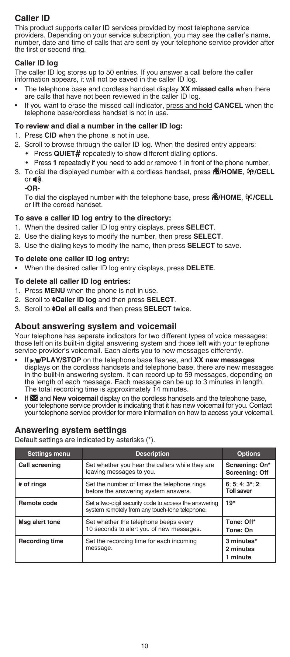 Caller id, About answering system and voicemail, Answering system settings | VTech DS6641_-2 Abridged manual User Manual | Page 10 / 16