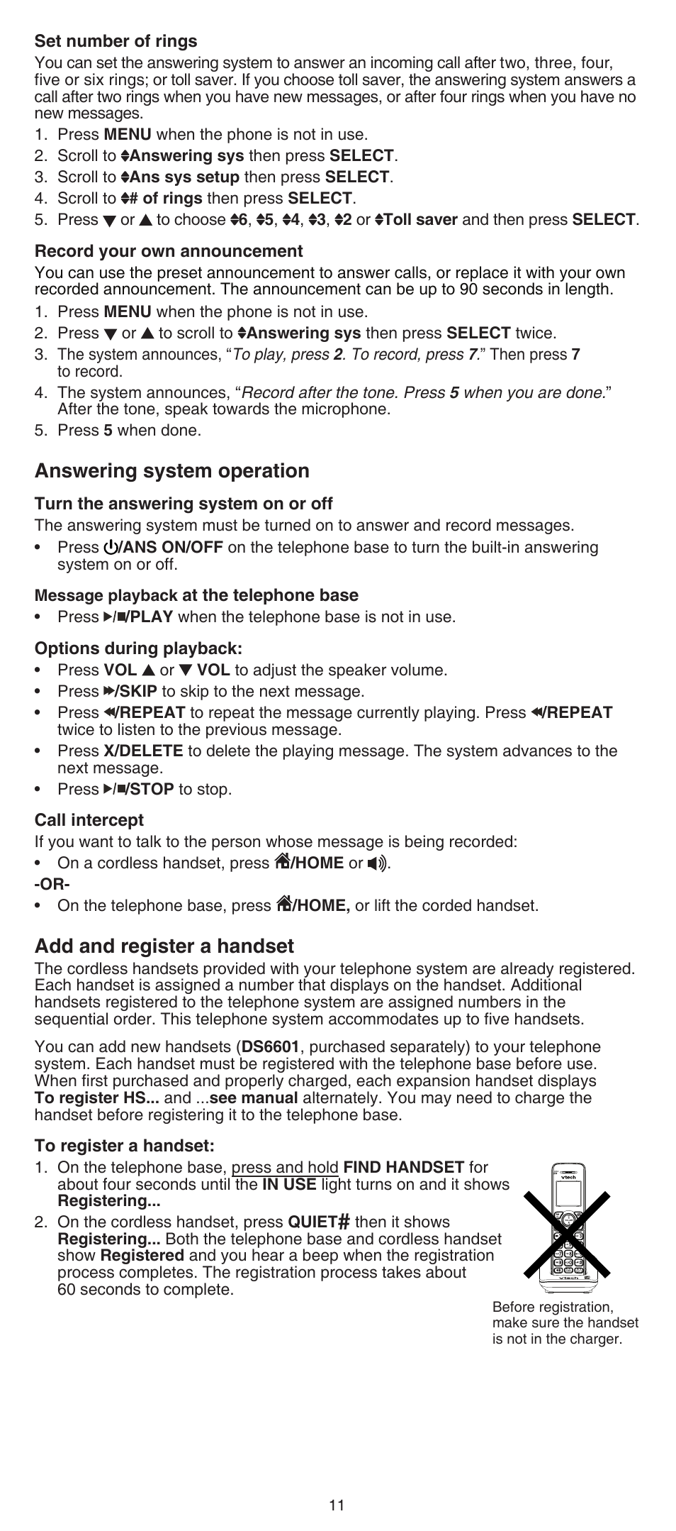 Answering system operation, Add and register a handset | VTech DS6641_-2 Abridged manual User Manual | Page 11 / 16