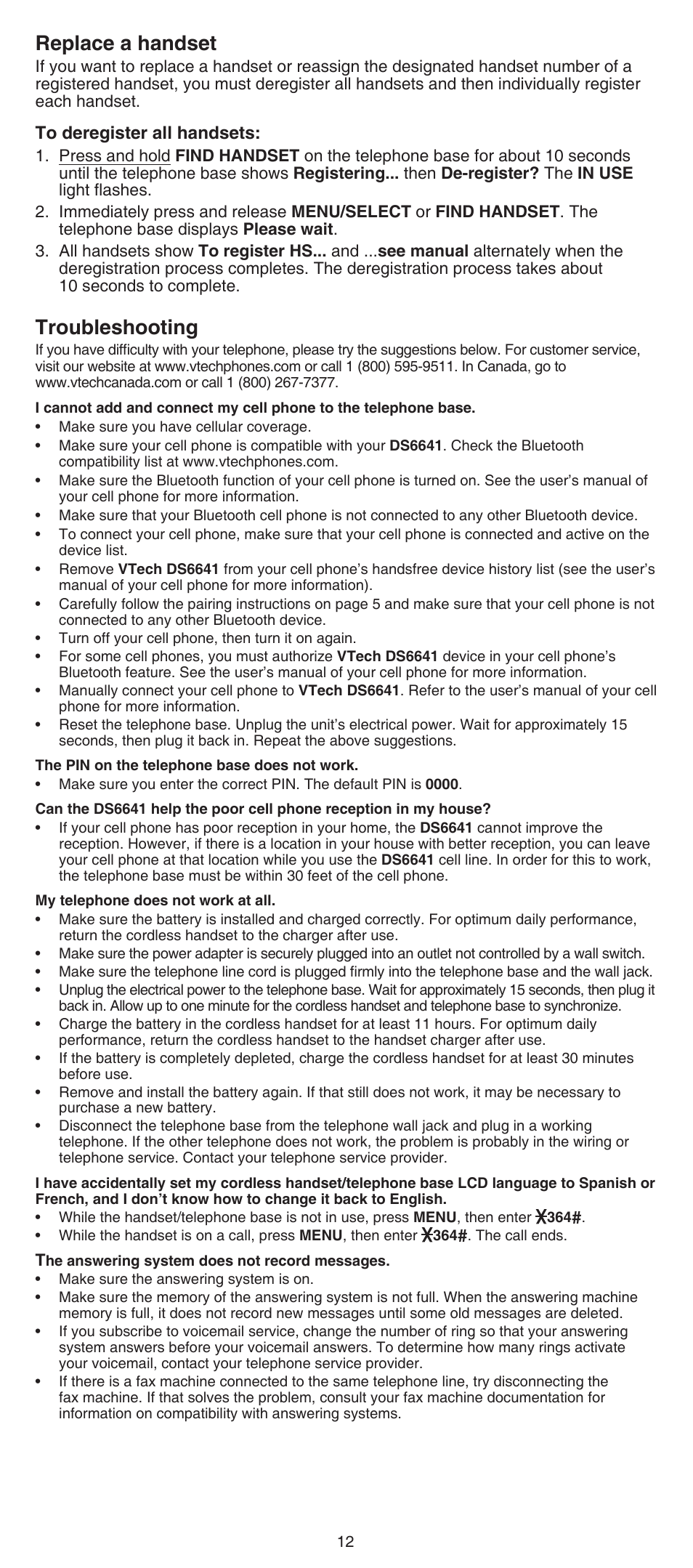 Replace a handset, Troubleshooting | VTech DS6641_-2 Abridged manual User Manual | Page 12 / 16