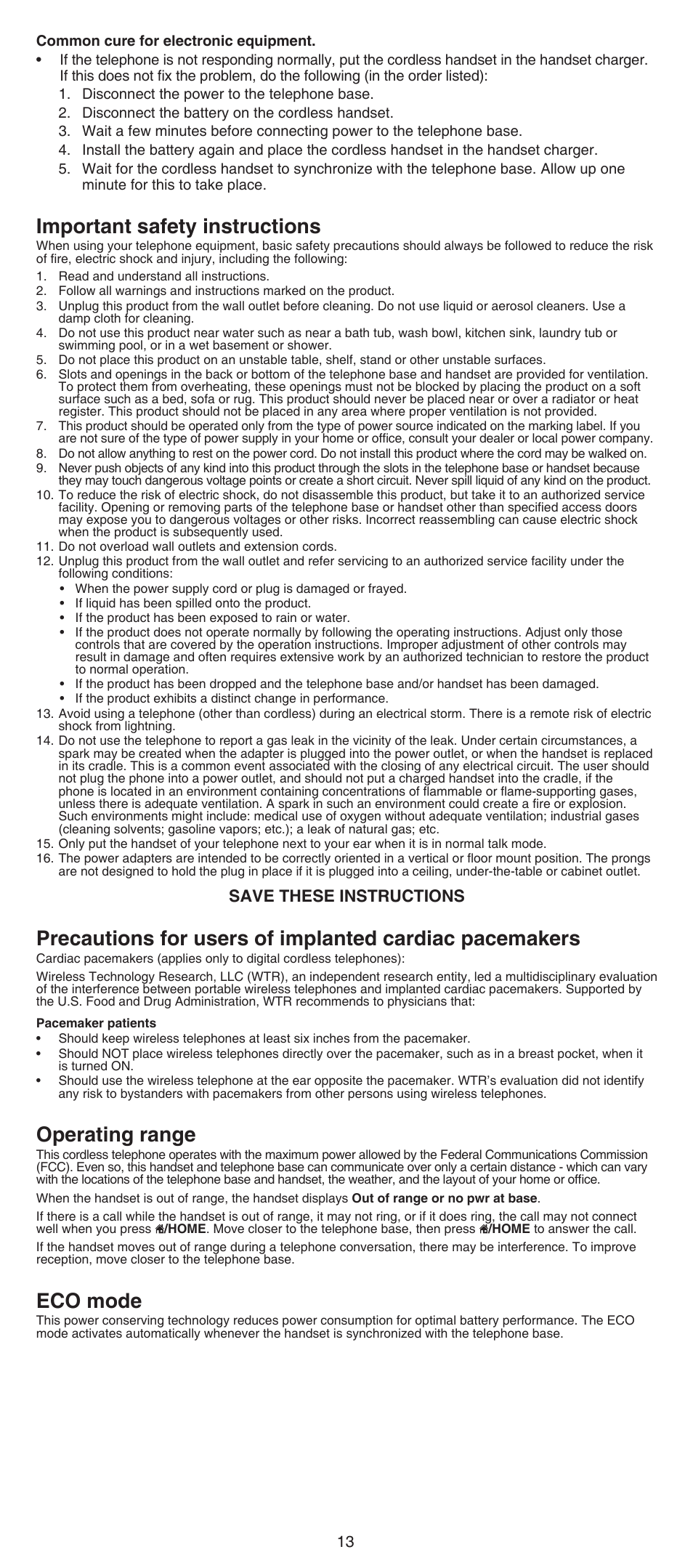 Important safety instructions, Operating range, Eco mode | Save these instructions | VTech DS6641_-2 Abridged manual User Manual | Page 13 / 16