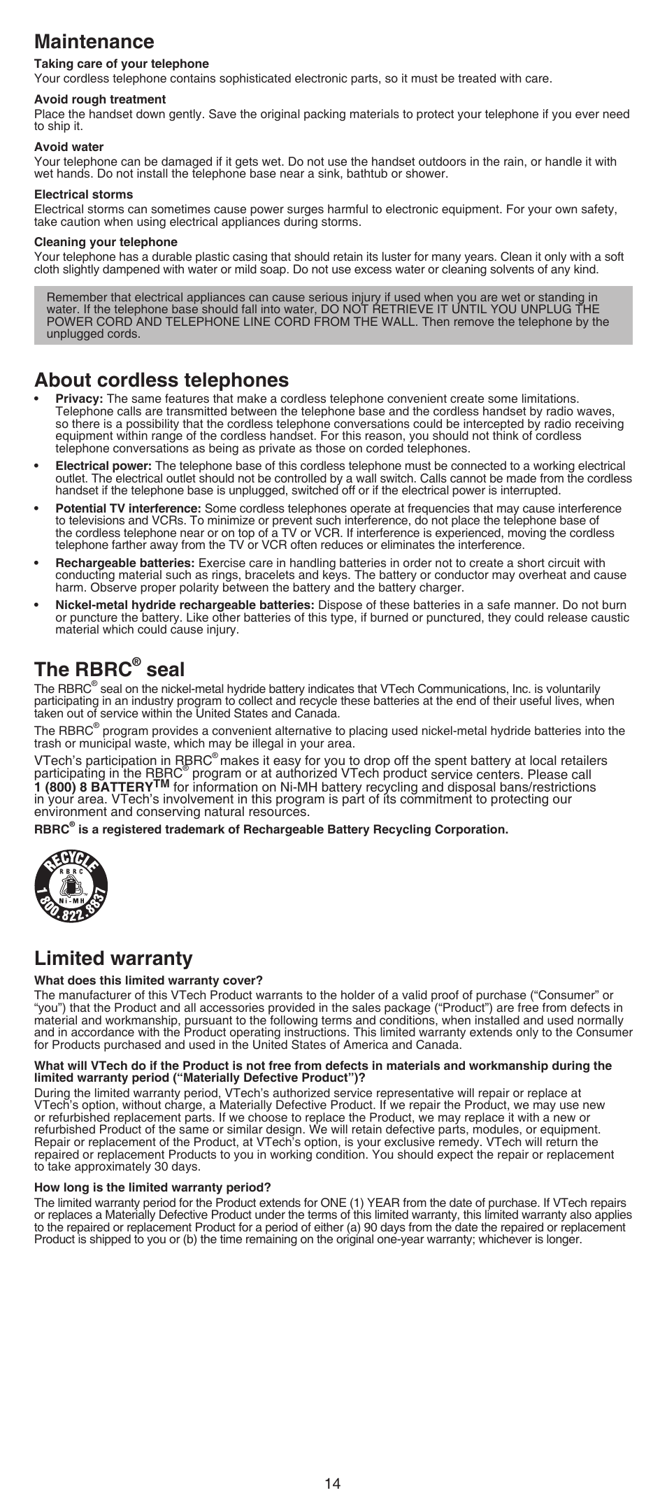 Maintenance, About cordless telephones, The rbrc | Seal, Limited warranty | VTech DS6641_-2 Abridged manual User Manual | Page 14 / 16