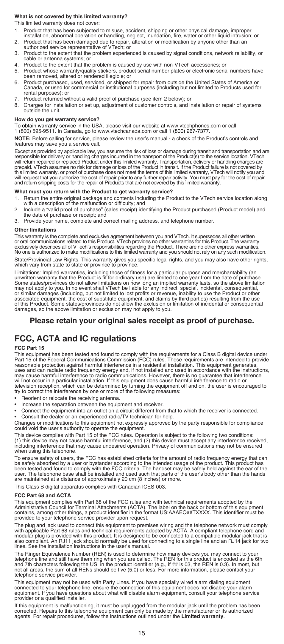 Fcc, acta and ic regulations | VTech DS6641_-2 Abridged manual User Manual | Page 15 / 16