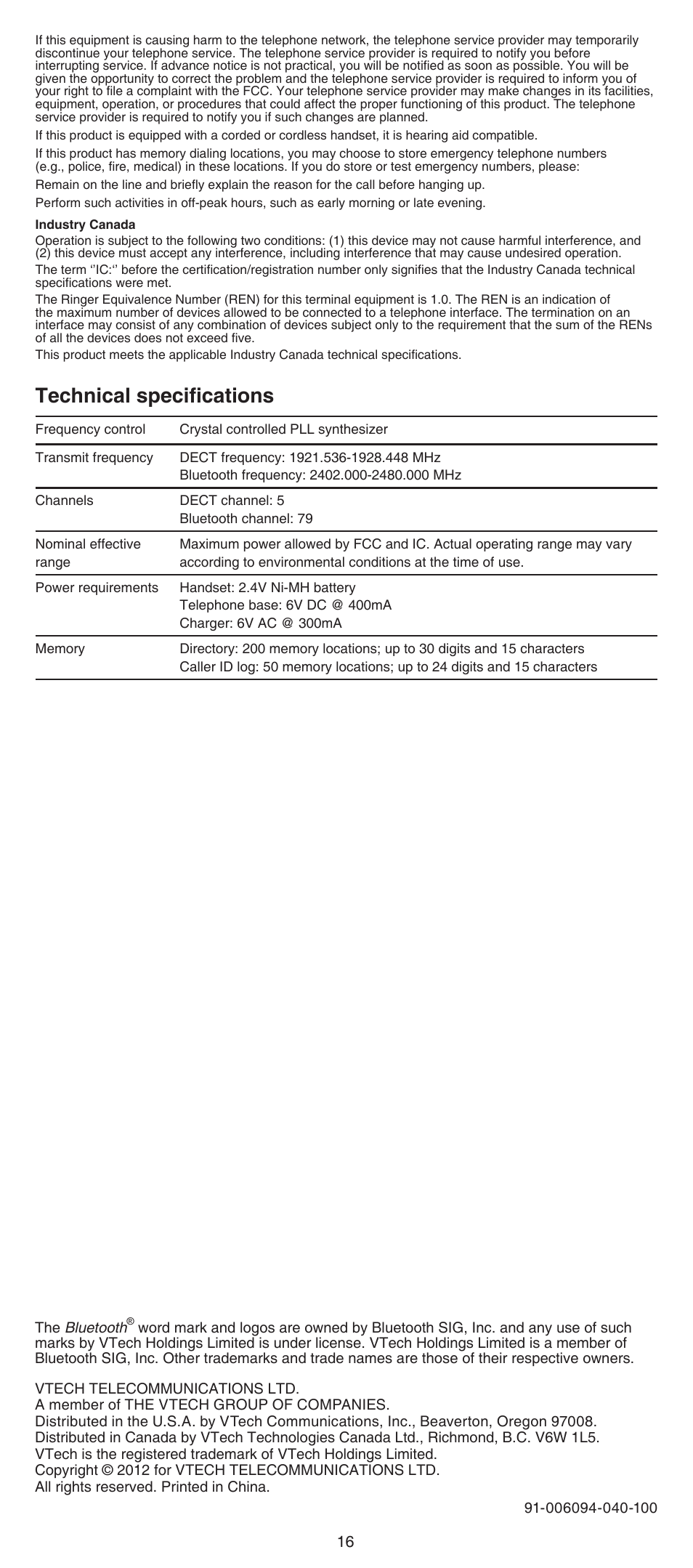 Technical specifications | VTech DS6641_-2 Abridged manual User Manual | Page 16 / 16