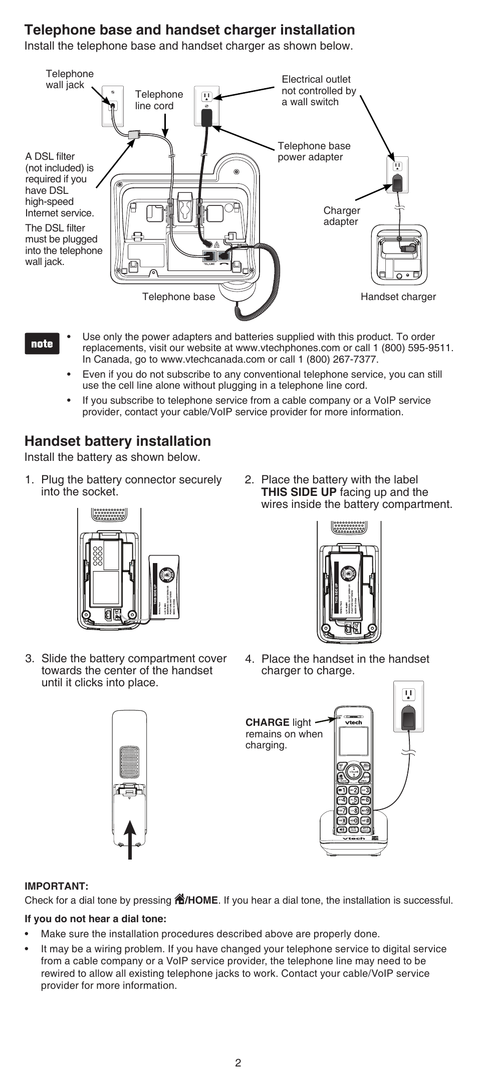 Telephone base and handset charger installation, Handset battery installation | VTech DS6641_-2 Abridged manual User Manual | Page 2 / 16