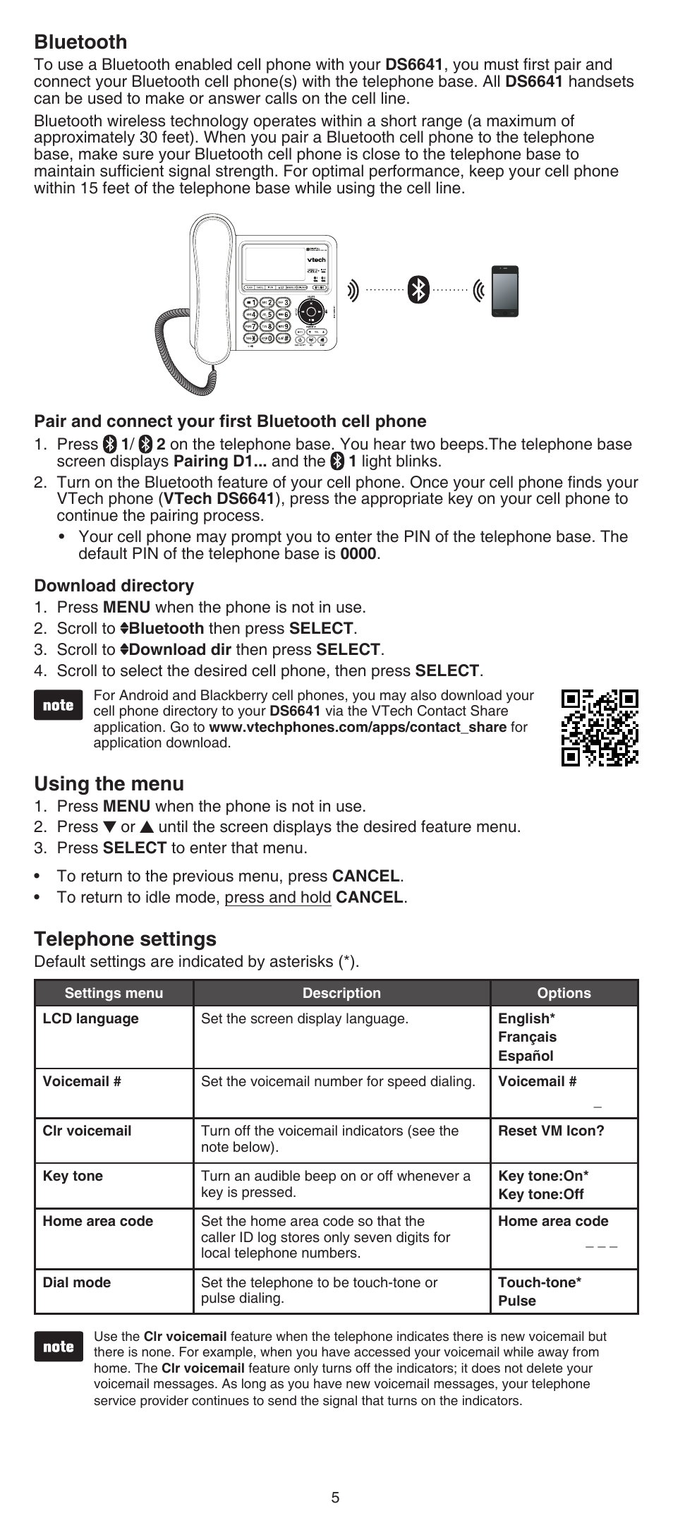 Bluetooth, Using the menu, Telephone settings | VTech DS6641_-2 Abridged manual User Manual | Page 5 / 16