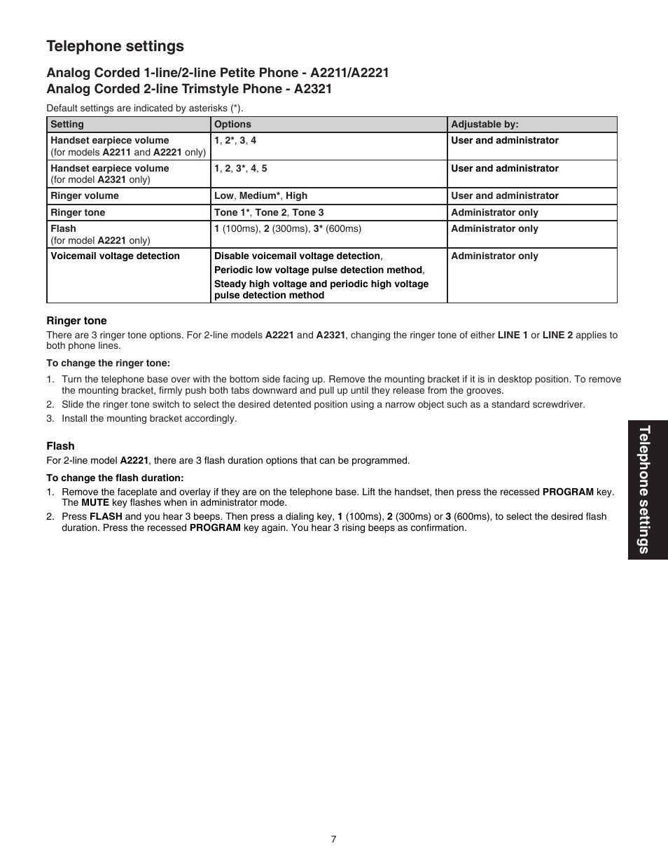 Analog corded 2-line trimstyle phone - a2321, Telephone settings | VTech A2321 Manual User Manual | Page 10 / 21