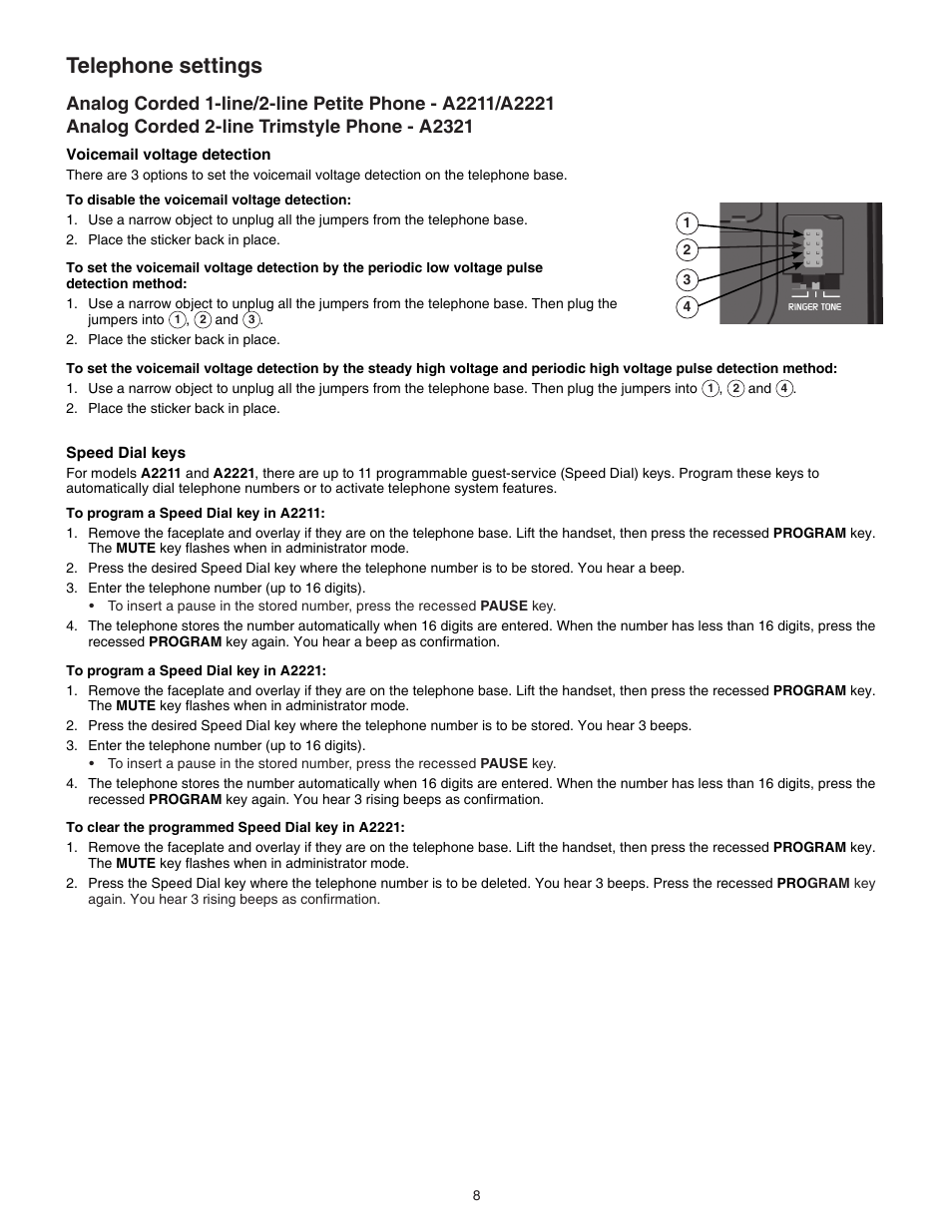 Telephone settings | VTech A2321 Manual User Manual | Page 11 / 21