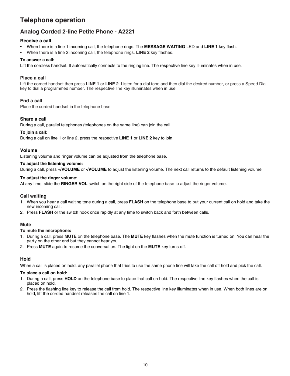 Analog corded 2-line petite phone - a2221, Telephone operation | VTech A2321 Manual User Manual | Page 13 / 21