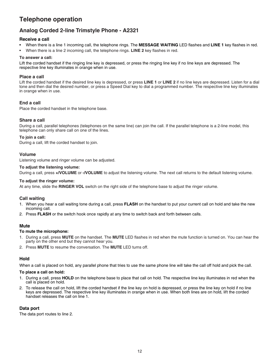 Analog corded 2-line trimstyle phone - a2321, Telephone operation | VTech A2321 Manual User Manual | Page 15 / 21