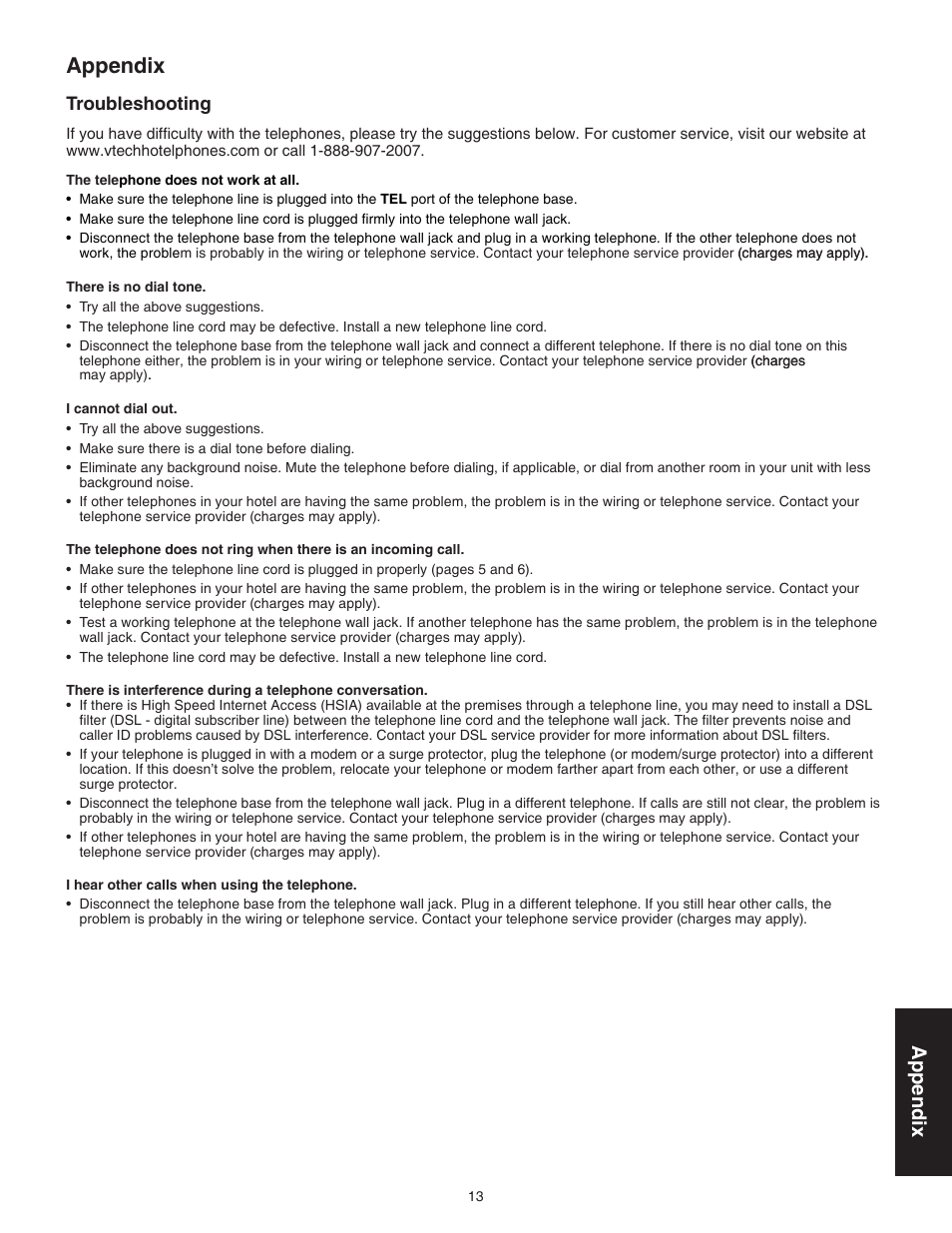 Appendix troubleshooting, Appendix, Troubleshooting | VTech A2321 Manual User Manual | Page 16 / 21